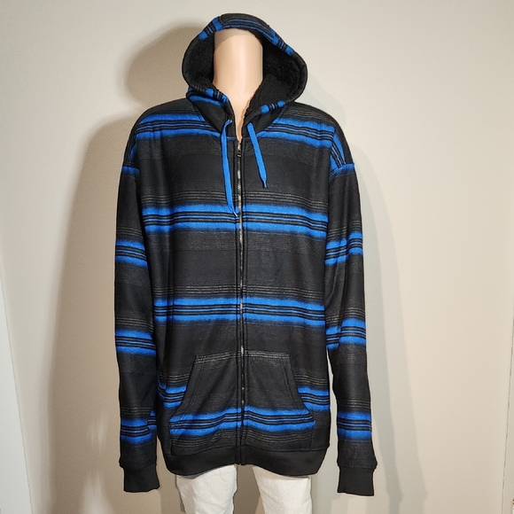 Men's Black and Blue Striped Zip-Up Sweater - Picture 1 of 8